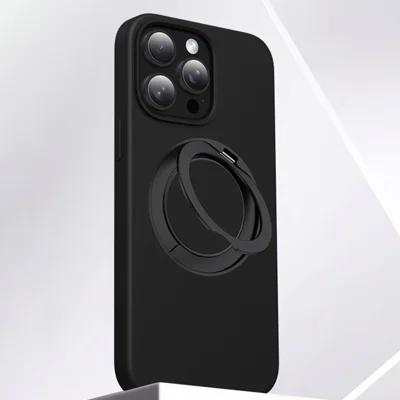 For iPhone 15 Pro Max Case Rotating Kickstand Liquid Silicone + PC Phone Cover - Black