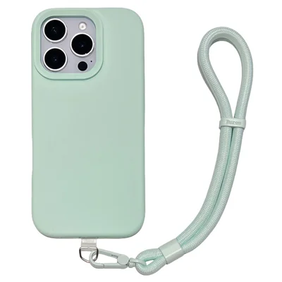 For iPhone 16 Pro Max Case Soft Microfiber Lining Liquid Silicone + PC Phone Cover with Wrist Strap - Light Green