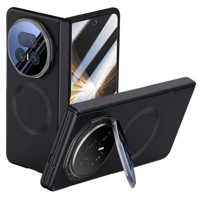 Voor Honor Magic V5 5G Magnetische Hoes Hard PC Telefoonhoes met HD Gehard Glasfolie, Lens Kickstand - Zwart