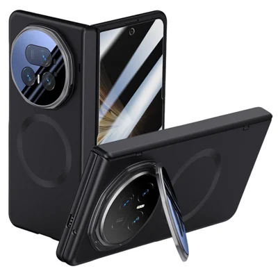 Voor Honor Magic V5 5G Magnetische Hoes Hard PC Telefoonhoes met Privacy Gehard Glasfolie / Lens Standaard - Zwart