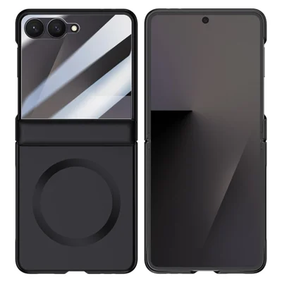 För Samsung Galaxy Z Flip7 5G Magnetisk Skal Hårt PC-telefonhölje med Bakre Lilla Skärmskydd - Svart