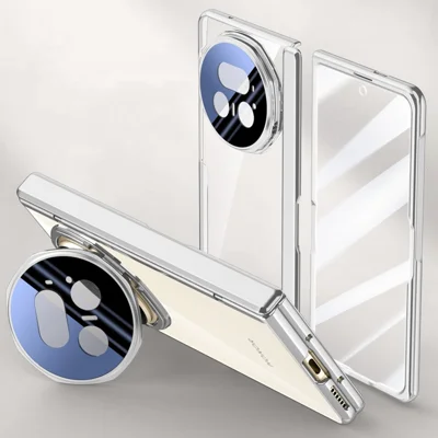 Voor Honor Magic V5 5G hoesje PC + Acryl telefoonhoes met HD gehard glasfolie, lensstandaard - Zilver