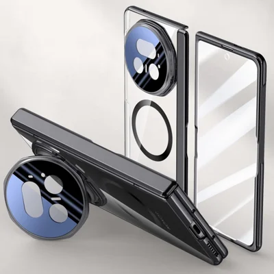 Voor Honor Magic V5 5G Magnetische Hoes PC + Acryl Telefoonhoes met HD Gehard Glasfolie, Lens Kickstand - Zwart