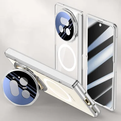 Voor Honor Magic V5 5G Magnetische Hoes PC + Acryl Telefoonhoes met Anti-Spy Screen Protector, Lens Kickstand - Zilver