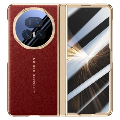 Voor Honor Magic V5 5G hoesje Leer + PC telefoonhoes met HD gehard glasfolie, lensstandaard - Rood