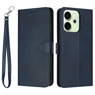For Oppo Reno14 5G (Global) / Reno14 F 5G Case Flip Stand Calf Texture PU Leather Wallet Phone Cover with Strap - Blue