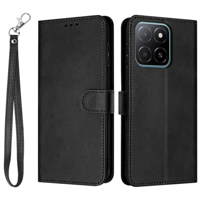 For Honor X6c 4G Case Flip Stand Calf Texture PU Leather Wallet Phone Cover with Strap - Black