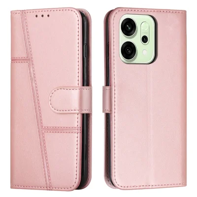 For Oppo Reno14 Pro 5G (Global) Leather Phone Case Foldable Stand Wallet Flip Cover with Strap - Rose Gold
