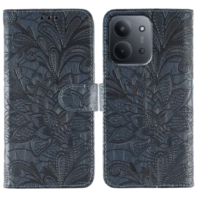 For Xiaomi Redmi 15C 5G (EU) (173mm) / 15C 4G (EU) (173mm) Case Lace Flowers PU Leather Flip Wallet Phone Cover - Dark Blue