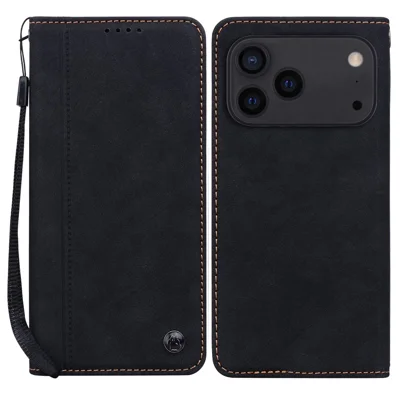 Til iPhone 17 Pro Max Case Linjer Mønster Wallet Læder Telefonbeskyttelse med Snor - Sort