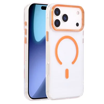 For iPhone 17 Pro Case Compatible with MagSafe PC + TPU Clear Phone Cover with Diamond Texture Lens Frame - Orange - Orange