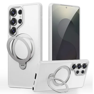For Samsung Galaxy S25 Ultra Magnetic Case Drop Proof TPU PC Kickstand Phone Cover - White