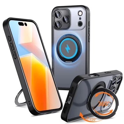 For iPhone 17 Pro Max Case Magnetic Case Hidden Gear Ring Kickstand Phone Cover - Black