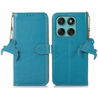 Voor Motorola Edge 60 Fusion 5G Hoesje RFID-blokkering Echt Rundleder Telefoonhoesje Litchi-structuur - Blauw