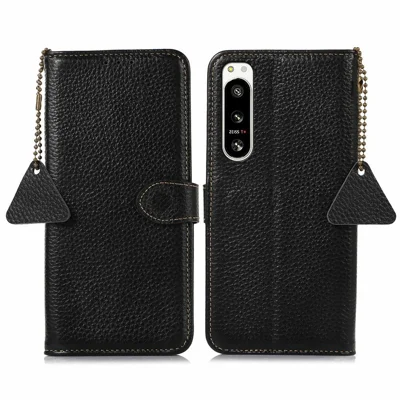 For Sony Xperia 5 IV 5G Case RFID Blocking Genuine Cow Leather Phone Cover Litchi Texture - Black