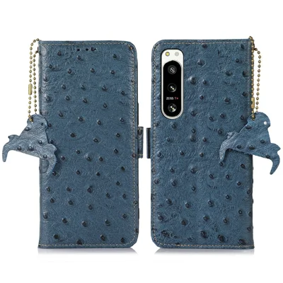 For Sony Xperia 5 IV 5G Case RFID Blocking Genuine Cow Leather Phone Case Ostrich Texture - Blue
