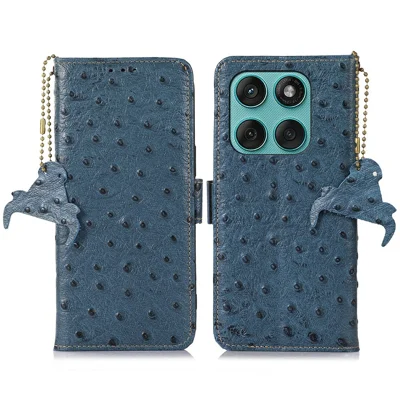 Voor Motorola Edge 60 Fusion 5G Hoesje RFID-blokkering Echt Runderleer Telefoonhoesje Struisvogelstructuur - Blauw