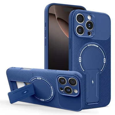 For iPhone 16 Pro Max Case with Kickstand Carbon Fiber Texture PC + TPU Phone Cover - Blue
