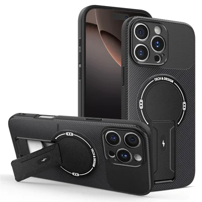 For iPhone 16 Pro Case with Kickstand Carbon Fiber Texture PC + TPU Phone Cover - Black