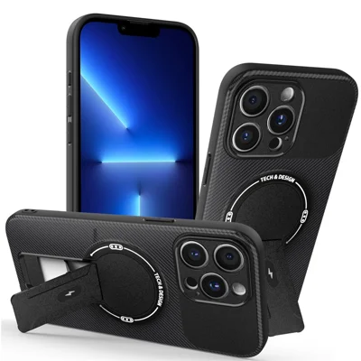 For iPhone 13 Pro Max Case with Kickstand Carbon Fiber Texture PC + TPU Phone Cover - Black
