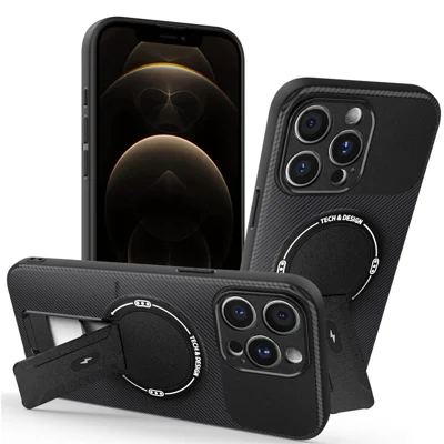 For iPhone 12 Pro Max Case with Kickstand Carbon Fiber Texture PC + TPU Phone Cover - Black