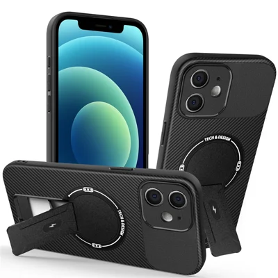For iPhone 12 Case with Kickstand Carbon Fiber Texture PC + TPU Phone Cover - Black