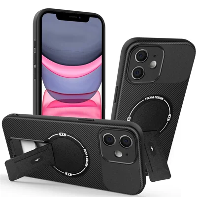 For iPhone 11 Case with Kickstand Carbon Fiber Texture PC + TPU Phone Cover - Black
