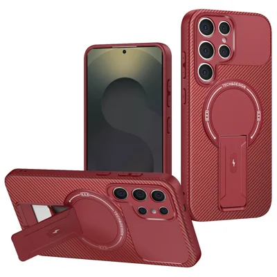 For Samsung Galaxy S24 Ultra Case with Kickstand Carbon Fiber Texture PC + TPU Phone Cover - Red