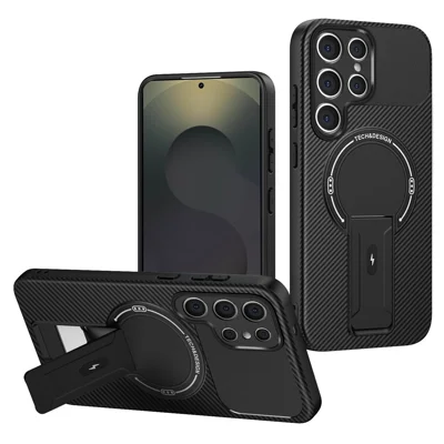 For Samsung Galaxy S23 Ultra Case with Kickstand Carbon Fiber Texture PC + TPU Phone Cover - Black