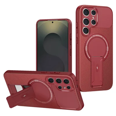 For Samsung Galaxy S23 Ultra Case with Kickstand Carbon Fiber Texture PC + TPU Phone Cover - Red