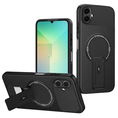 For Samsung Galaxy A06 4G Case with Kickstand Carbon Fiber Texture PC + TPU Phone Cover - Black