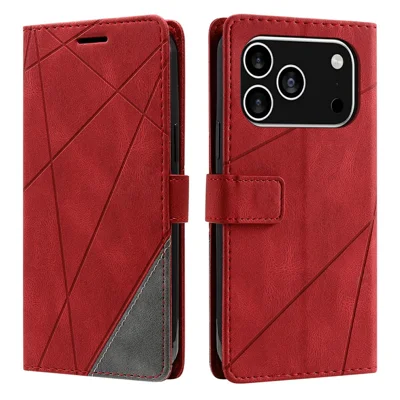 For iPhone 18 Pro / 17 Pro Case Imprinted Lines PU Leather Splicing Wallet Phone Cover - Red