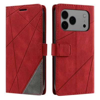 For iPhone 18 Pro Max / 17 Pro Max Case Imprinted Lines PU Leather Splicing Wallet Phone Cover - Red