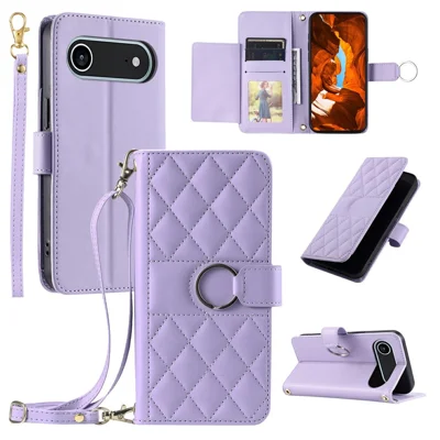 For iPhone Air Case Ring Buckle Wallet Stand Rhombus Crossbody Leather Mobile Cover - Purple