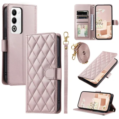 For Oppo A5 5G / 4G Case Wallet Rhombus Grid PU Leather Phone Cover with Shoulder Strap / Wrist Strap - Rose Gold
