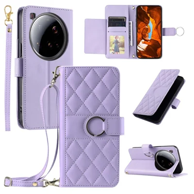 For Xiaomi 15 Ultra Case Ring Buckle Wallet Stand Rhombus Crossbody Leather Mobile Cover - Purple