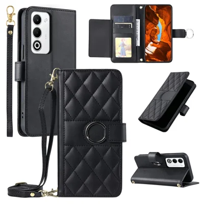For Oppo A5 5G / 4G Case Ring Buckle Wallet Stand Rhombus Crossbody Leather Mobile Cover - Black
