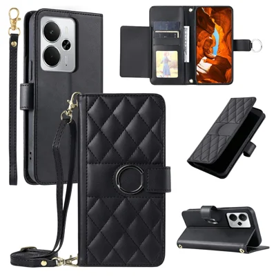 Phone Case for Realme 14T 5G / 14 5G / P3 5G / Neo7x 5G Ring Buckle Wallet Stand Rhombus Crossbody Leather Mobile Cover - Black