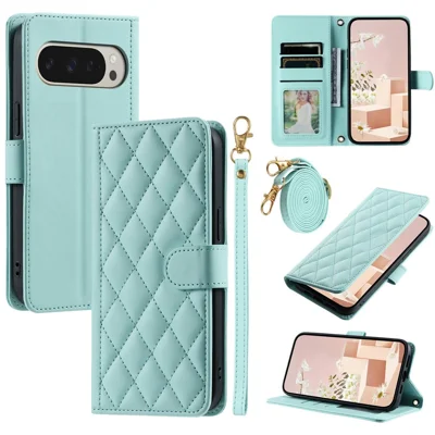 For Google Pixel 10 Pro XL Case Wallet Rhombus Grid PU Leather Phone Cover with Shoulder Strap / Wrist Strap - Mint Green
