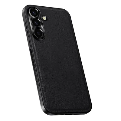Voor Samsung Galaxy A55 5G hoesje PU + TPU + PC telefoon achtercover met metalen lensframe - Zwart