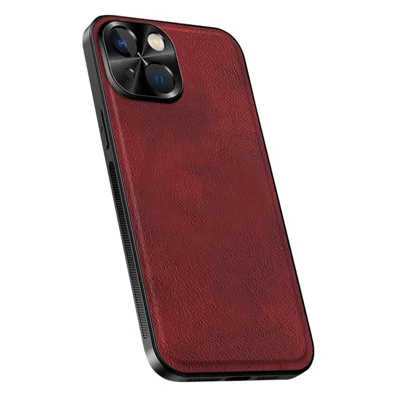 For iPhone 15 Case PU + TPU + PC Phone Back Cover with Metal Lens Frame - Wine Red