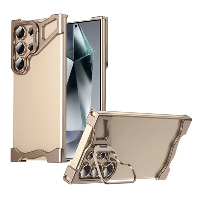 For Samsung Galaxy S24 Ultra Bumper Case Lens Kickstand Heat Dissipating Metal Corner Phone Cover - Desert Gold