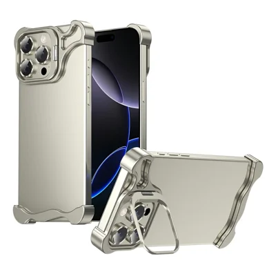 For iPhone 14 Pro Max Bumper Case Lens Kickstand Heat Dissipating Metal Corner Phone Cover - Titanium