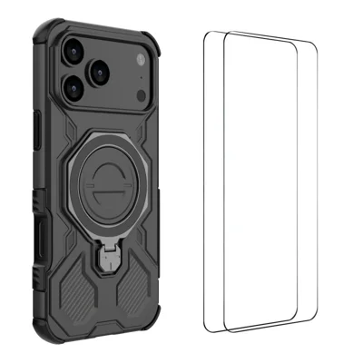 WANLONFENG For iPhone 17 Pro Max Case Kickstand with 2Pcs Screen Film  KJ Series PC TPU Phone Cover (Big Lens Hole) - Black