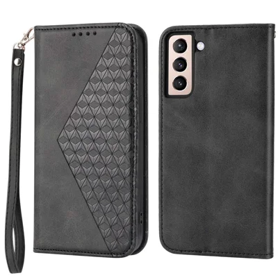 For Samsung Galaxy S21 FE 5G Calf Texture Imprinted Rhombus Pattern PU Leather Case Stand Wallet Magnetic Auto Closing Cover with Strap - Black
