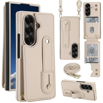 For Samsung Galaxy Z Fold6 5G Case Kickstand Card Slots Leather Coated TPU Cover with Shoulder Strap - Beige