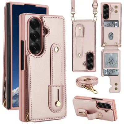 For Samsung Galaxy Z Fold6 5G Case Kickstand Card Slots Leather Coated TPU Cover with Shoulder Strap - Rose Gold