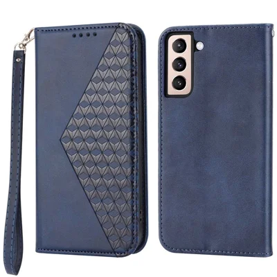 For Samsung Galaxy S22 5G Imprinted Rhombus Pattern Wallet Stand Phone Case Calf Texture PU Leather Shockproof Cover with Strap - Blue