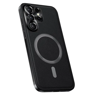 For Samsung Galaxy S24 Ultra Magnetic Case PU TPU PC Phone Back Cover with Metal Lens Frame - Black