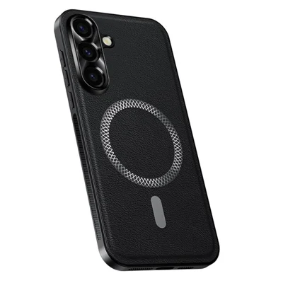 Voor Samsung Galaxy A55 5G hoesje compatibel met MagSafe PU TPU PC telefoon achterklep met metalen lensframe - Zwart